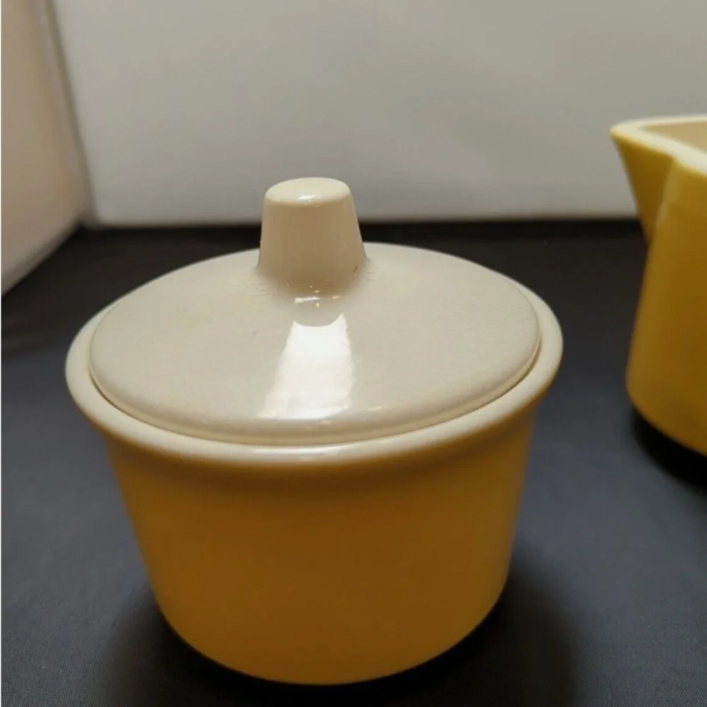 Mid Century USA Yellow and White Creamer and Sugar Bowl w/ Lid Set